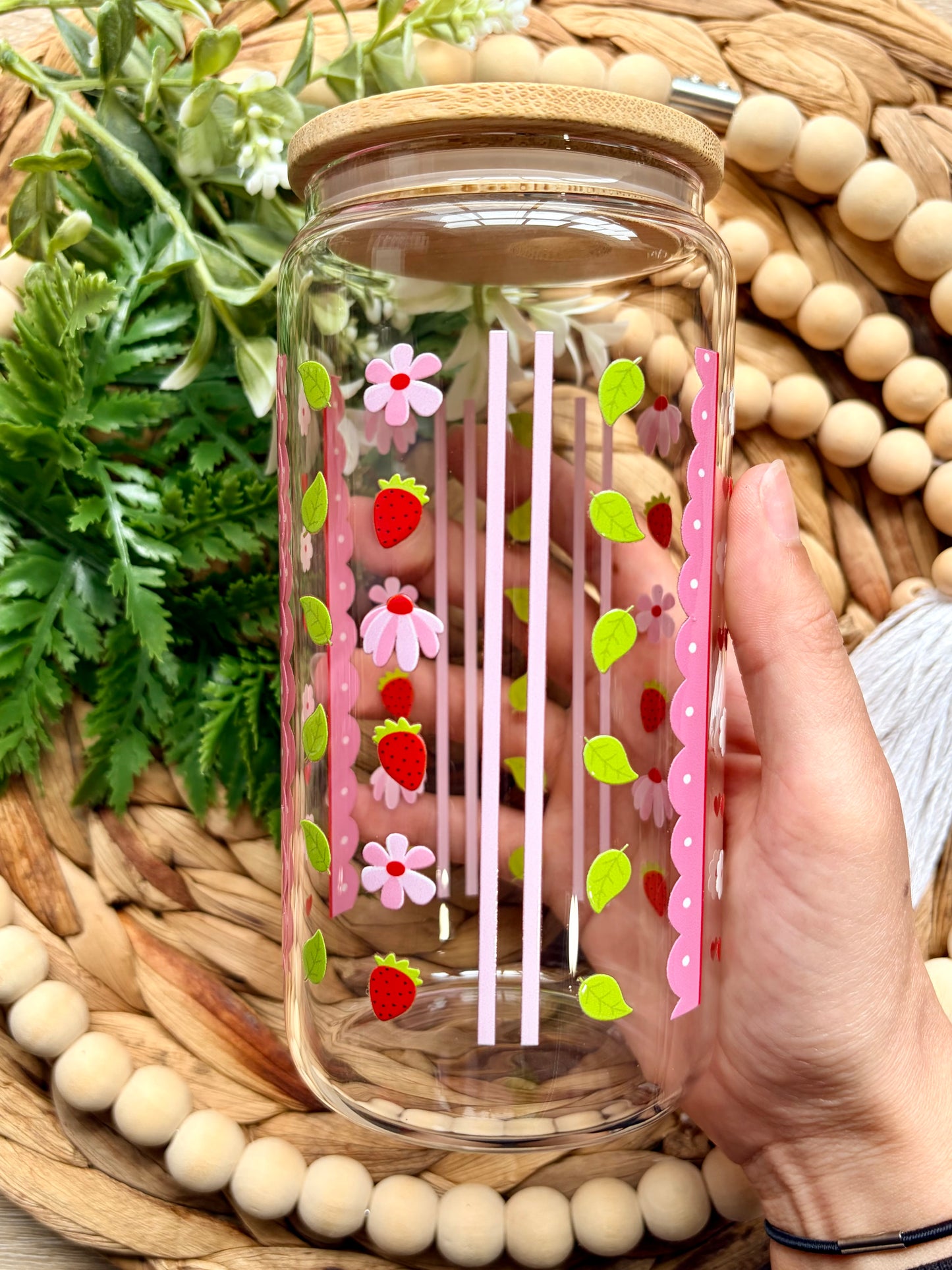 Strawberries and Flowers Themed Glass Cup