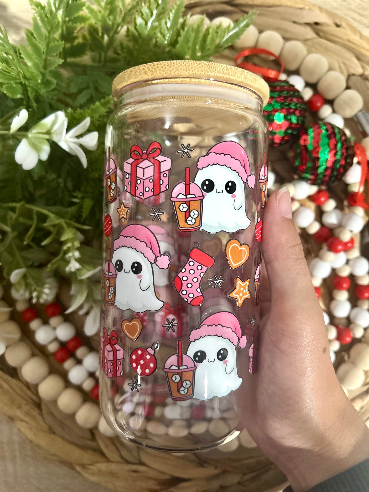 Pink Ghostie Coffee & Holiday Themed Glass Cup