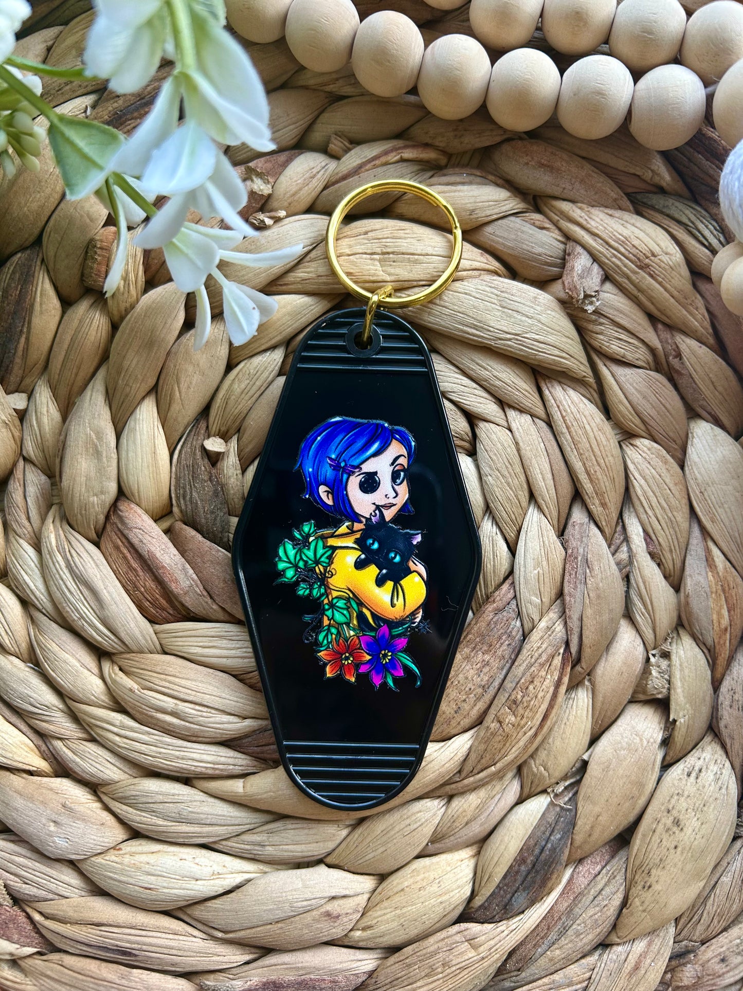 Button-Eyed Blue Hair Girl Inspired Keychain