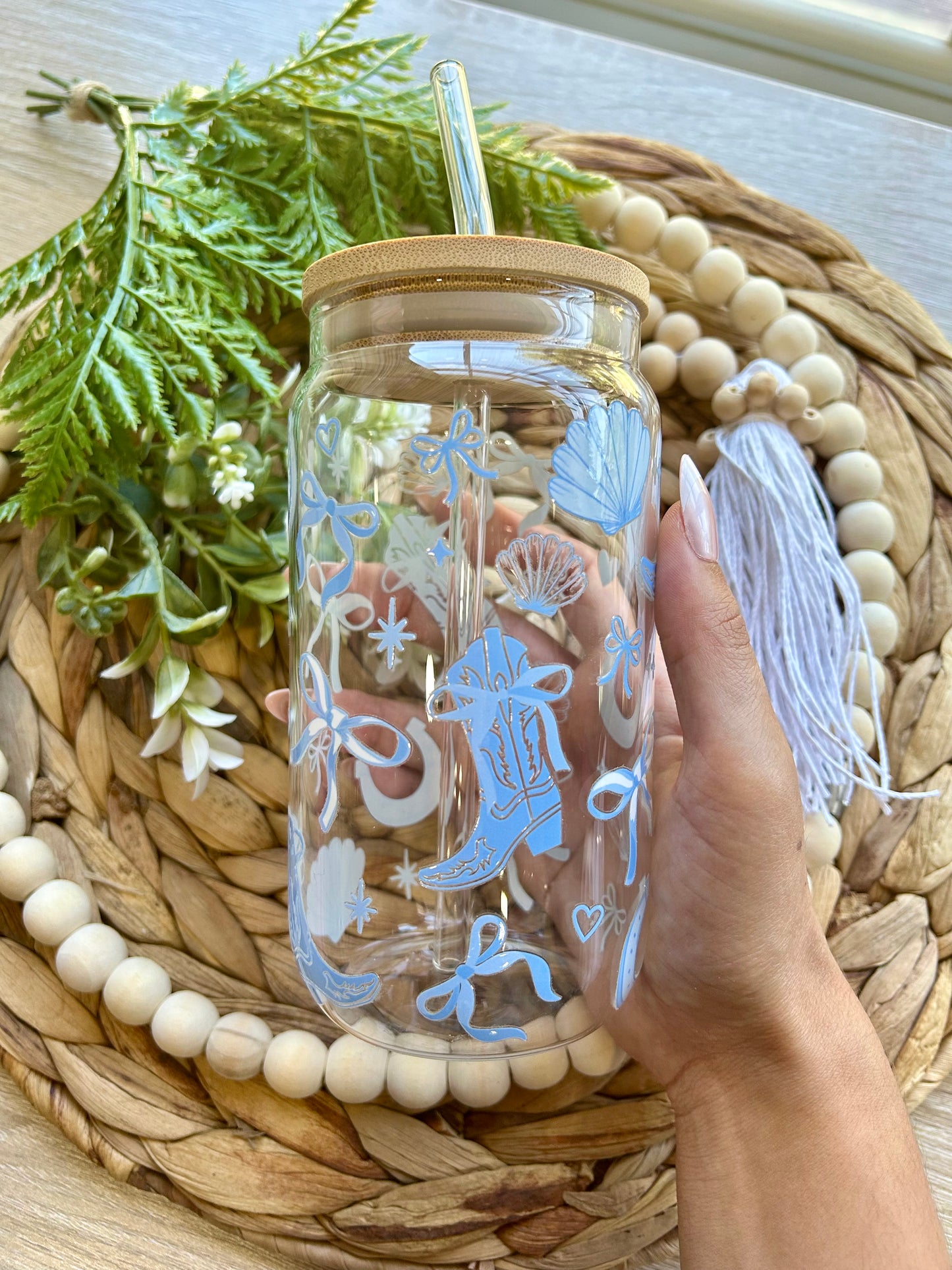 Blue Cowboy Themed Glass Cup