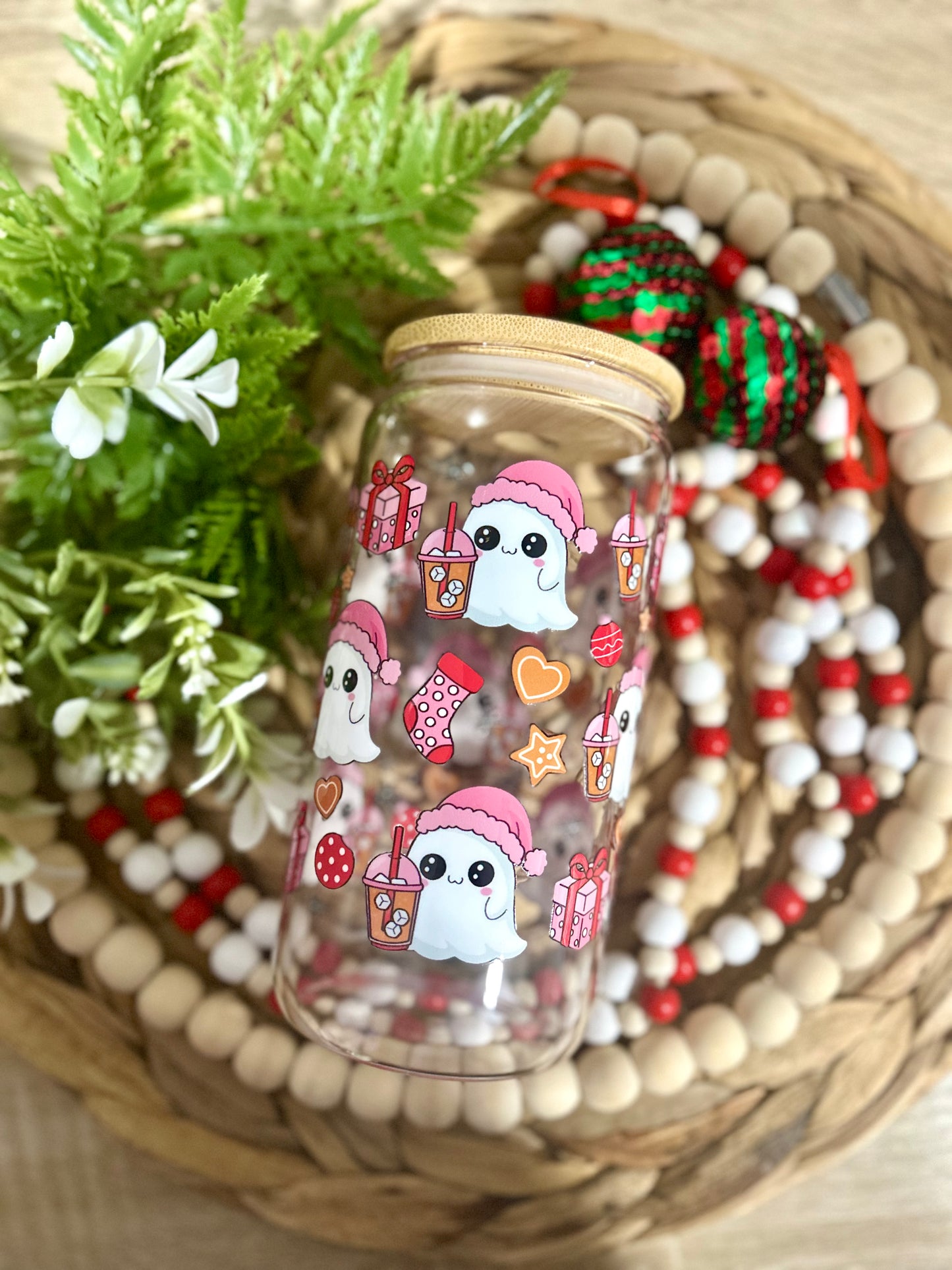 Pink Ghostie Coffee & Holiday Themed Glass Cup
