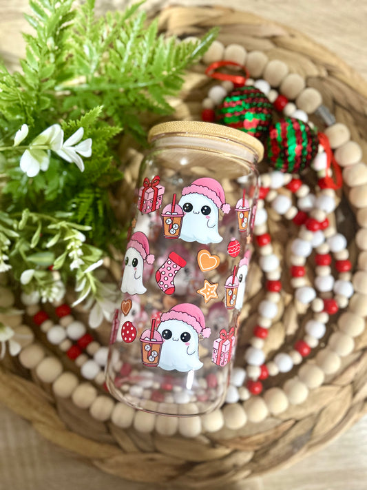 Pink Ghostie Coffee & Holiday Themed Glass Cup