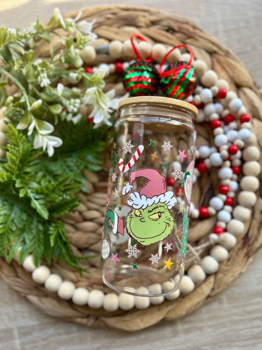 Holiday Green Grouch Inspired Glass Cup