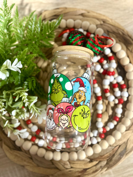 Grinch Ornaments Themed Glass Cup