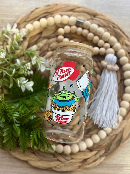 Green Aliens Pizza Planet Themed Glass Cup