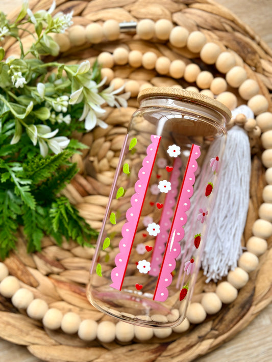 Strawberries and Flowers Themed Glass Cup