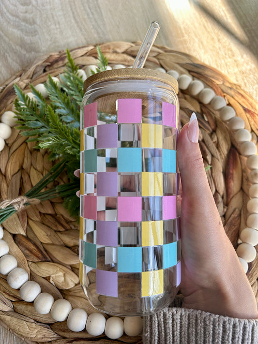 Pastel Checkered Board Glass Cup - Glass & Glamour Co.