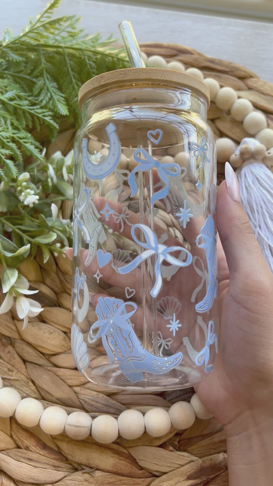 Blue Cowboy Themed Glass Cup